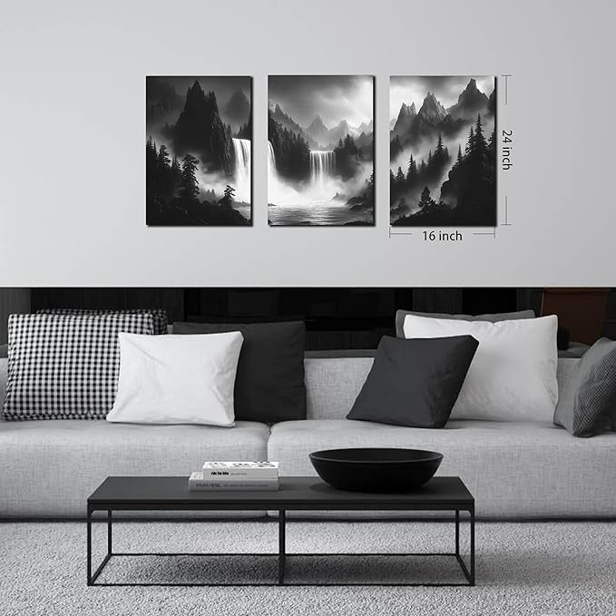 Waterfall Pictures Wall Art for Office - Black and White Canvas Wall Art for Living Room - 3 Piece Mountains Wall Art for Bedroom 16" x 24"