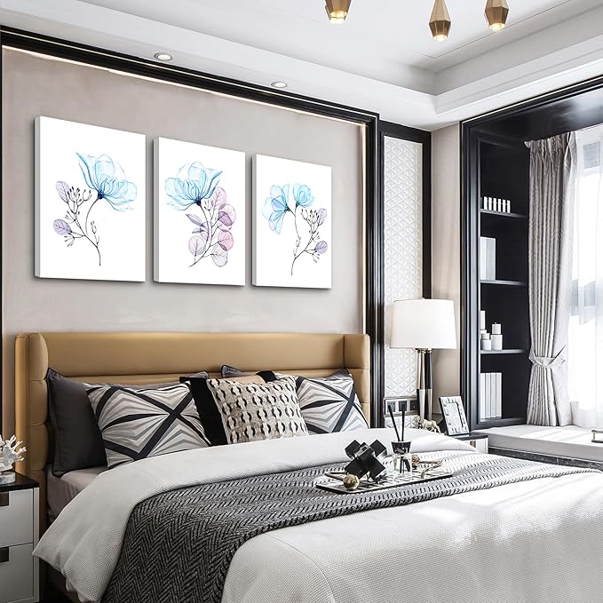 Modern blue flowers Canvas Wall Art for bedroom Living Room,Bathroom Wall Decor,3 Panels Wall Painting Home Decoration kitchen Canvas Print Abstract watercolor flowers and leaves artwork wall mural