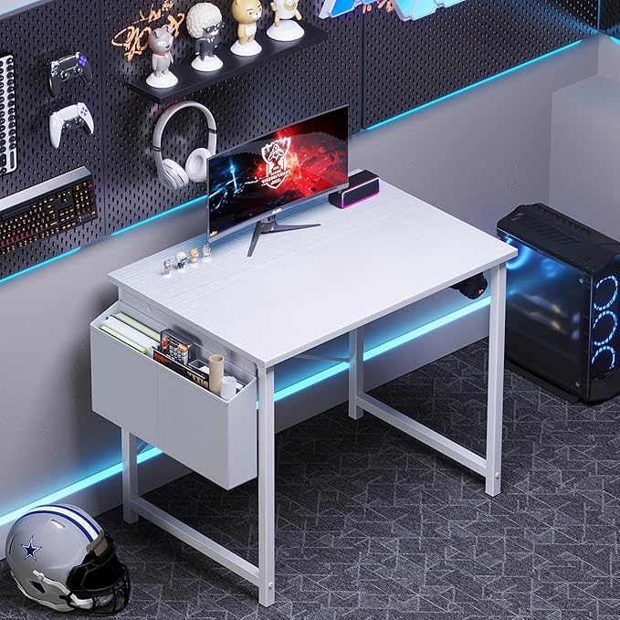OLIXIS Computer Desk 31 Inch Home Office Desks for Small Spaces, Gaming Writing Study Work Table with Storage Bag and Headphone Hook for Bedroom, White