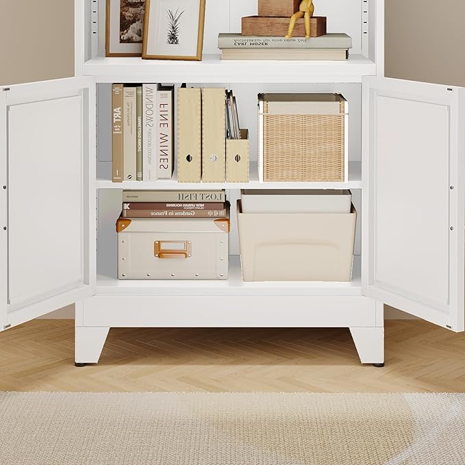 71" H Tall Metal Bookcases and Bookshelves with 2 Doors and Adjustable Shelves，Tall Storage Cabinet Industrial Bookshelf 6-Tier Open Display Shelf，Decor Furniture for Living Room, Bedroom
