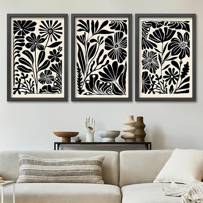TQianJiang Flower Plant Sign Wall Decor 16"X11" Set of 3 Black And White Botanical Painting Wood Framed for Bedroom Abstract Wildflower Hanging Art (Black)
