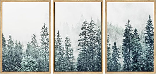 SIGNWIN Framed Canvas Print Wall Art Woodland Nursery Decor Set Film Grain Misty Mountain Pine Trees Nature Wilderness Modern Art Chic Landscape for Living Room, Bedroom, Office - 16"x24"x3 Natural