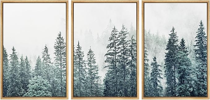SIGNWIN Framed Canvas Print Wall Art Woodland Nursery Decor Set Film Grain Misty Mountain Pine Trees Nature Wilderness Modern Art Chic Landscape for Living Room, Bedroom, Office - 24"x36"x3 Natural