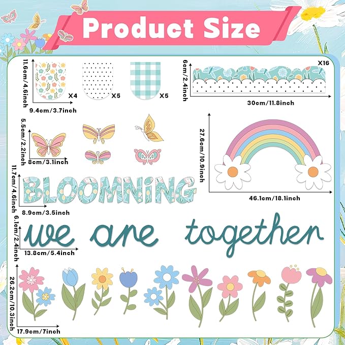 70PCS Spring Classroom Bulletin Board Decorations Flower Bulletin Board Set We are Blooming Together Floral Butterfly Bulletin Board Rainbow Cutouts for School Office Home Wall Decor
