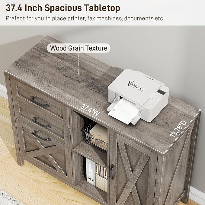 Vabches Lateral File Cabinet, Farmhouse 3 Drawer File Cabinet with Open Storage Shelf for Letter/A4/Legal Size Hanging Files, Large Wood Storage Cabinets Printer Stand for Home Office, Grey