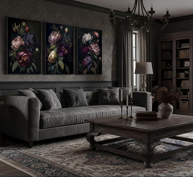3 Pcs Moody Floral Canvas Wall Art Vintage Dark Peony Flowers Botanical Still Life Painting Picture Wall Decor Poster Print Artwork for Living Room Bedroom Women Room Home Decoration Unframed