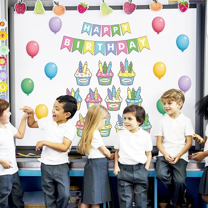 JarThenaAMCS 85Pcs Happy Birthday Bulletin Board Set Colorful Cake Balloon Candles Calendar Poster Classroom Birthday Chart for Back to School Decorations