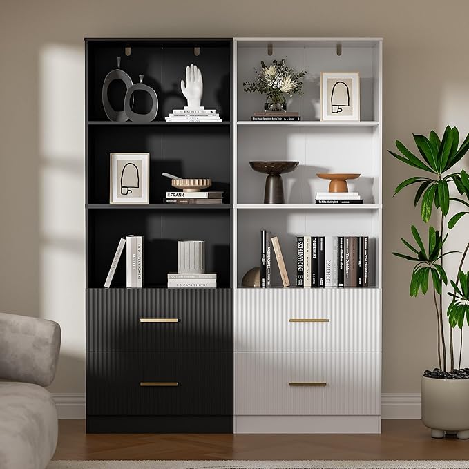 White Bookshelf with Fluted Drawers, 63" Tall Modern Bookshelf with Storage, 3 Tier Bookshelf with Adjustable Shelf, Open Shelves Bookcase, Unique Book Shelf for Home Office, White