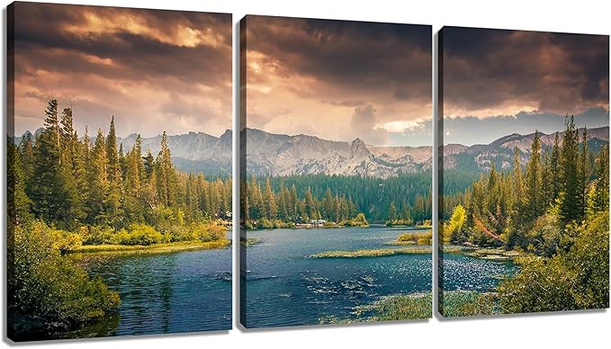 Lake Poster Wall Art Wall Decor Lake Mountain Forest Nature Park Landscape Picture Print on Canvas 3 Pieces Painting Artwork for Modern Home Living Room Workplace Stretched and Framed [60''Wx28''H]