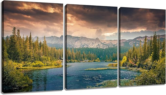 Lake Poster Wall Art Wall Decor Lake Mountain Forest Nature Park Landscape Picture Print on Canvas 3 Pieces Painting Artwork for Modern Home Living Room Workplace Stretched and Framed [60''Wx28''H]