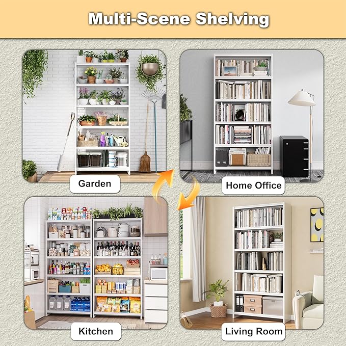 Bookshelf, White Bookshelf with 5 Storage Shelves, Large Metal Bookshelves, 69" Tall Bookcase for Living Room, Library, Office, Bedroom, Including Book Stopper,Simple Assembly