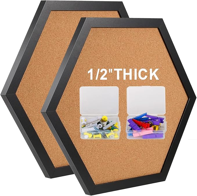 Cork Bulletin Board for Walls, 1/2" Thick Hexagon Pin Board for Walls with Frame, Black Small Corkboard with 10 Push Pins and 10 Wood Clips, Tack Board for Home Office and School 2Pack