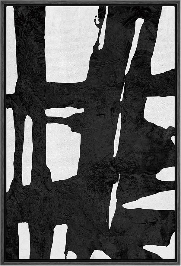 SIGNFORD Framed Canvas Wall Art Bold Ink Stroke with Grid and Texture Abstract Brushstroke Illustrations Minimalism Modern Expressive Black and White for Living Room, Bedroom, Office - 16x24 inches