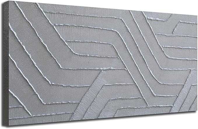 Arjun Modern Abstract Textured Wall Art Geometric Silver Grey Canvas Painting,Hand Painted Large Artwork Framed Picture for Living Room Bedroom Home Office Wall Decor 40"x20"