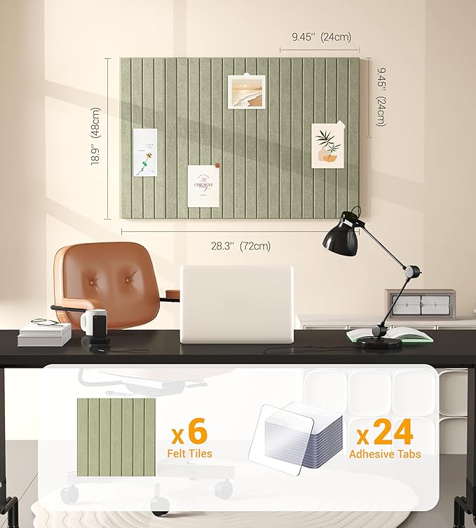 1/2" Thick Cork Board for Office, 6 Pack Felt Wall Tiles -28"x18" with Safe Adhesive Tabs, Large Bulletin Board, Push Pin Board Organizer Wall - Sage Green