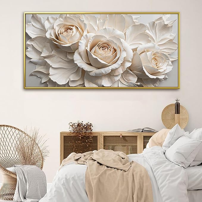 QSQ Large Gold Framed Wall Art For Living Room Home Wall Decor Modern Canvas Art Wall Decor 29 X 58 Inches White Flower Wall Art Elegant Picture For Bedroom Hotel Office Artwork