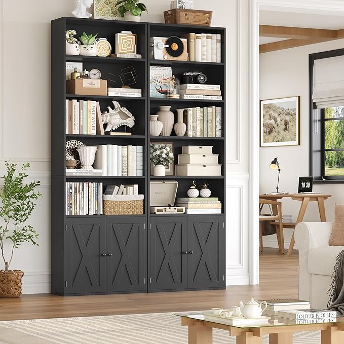 FACBOTALL 82" Tall Bookcase and Book Shelf, 24" Wide Bookshelf with Doors, 7 Tier Bookcase with Storage and Adjustable Shelf, Open and Display Farmhouse Bookshelf for Living Room, Home Office, Black