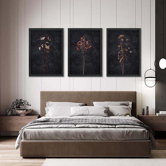 3 Piece Black Framed Dried Flower Wall Art Set Modern Minimalist Wall Decor For Living Room Bedroom Home Decoration Art Prints 16x24 Inches Wood Framed Easy to Hang