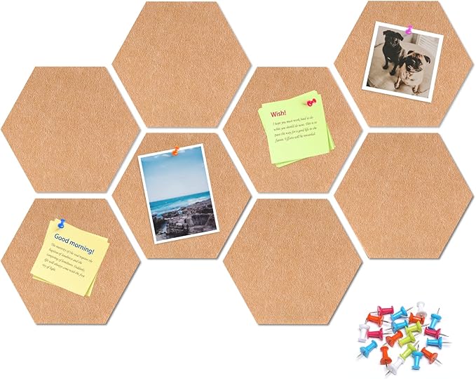 12" Large Bulletin Board with 30 Push Pins, Pack of 8 Hexagon Felt Pin Board Notice Boards for Home Office, Felt Wall Tiles for Photos Memos (Brown)