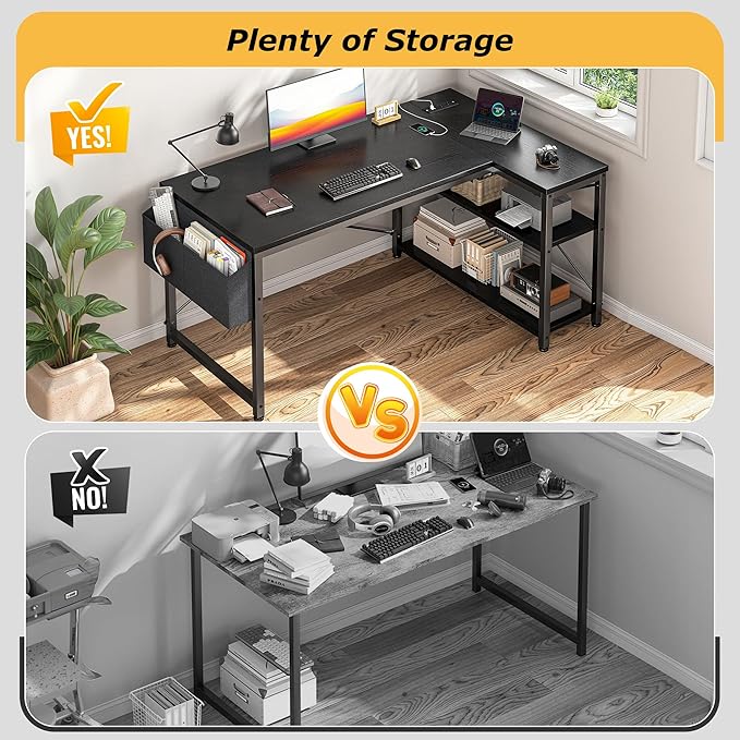 EnHomee 48" L Shaped Desk Office Desk with Power Outlets,Computer Desk with Reversible Storage Shelves & Side Bag,Small Gaming Desk for Gaming Working Small Space Home Office Bedroom,Black
