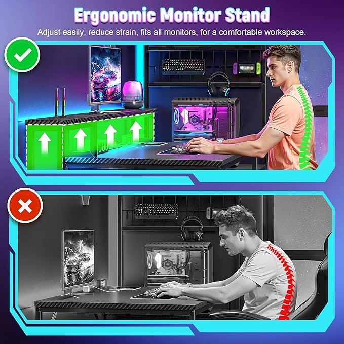 55" Gaming Desk with LED Lights & Outlets,Computer Desk with Drawers & Monitor Stand,Gaming Table with Storage Shelves & Printer Space for Game Room,Study Room,Home Office,Bedroom,Black