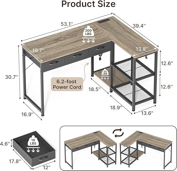 Gizoon 53 Inch L Shaped Computer Desk with Drawers, Corner Desk with Power Outlets & Reversible Storage Shelves with CPU Stand and 2 Hooks for Home Office Gaming (Grey)