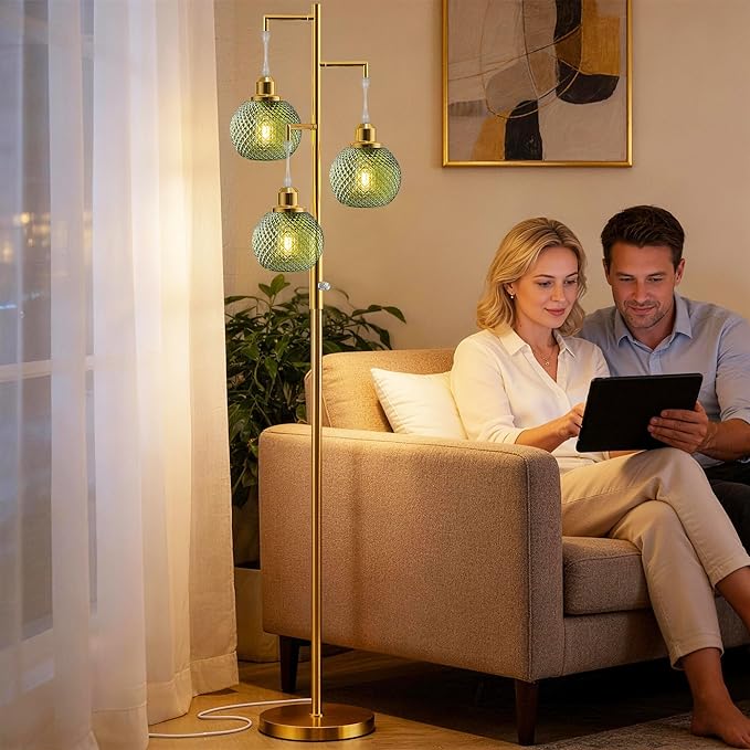 QiMH Modern Floor Lamps for Living Room, Standing Lamp with 3 Lights, 68" Tall Lamp for Bedroom, Green Vintage Glass Lamp with Stepless Dimmable for Home Decor, 3 LED Bulb Included, Brushed Gold