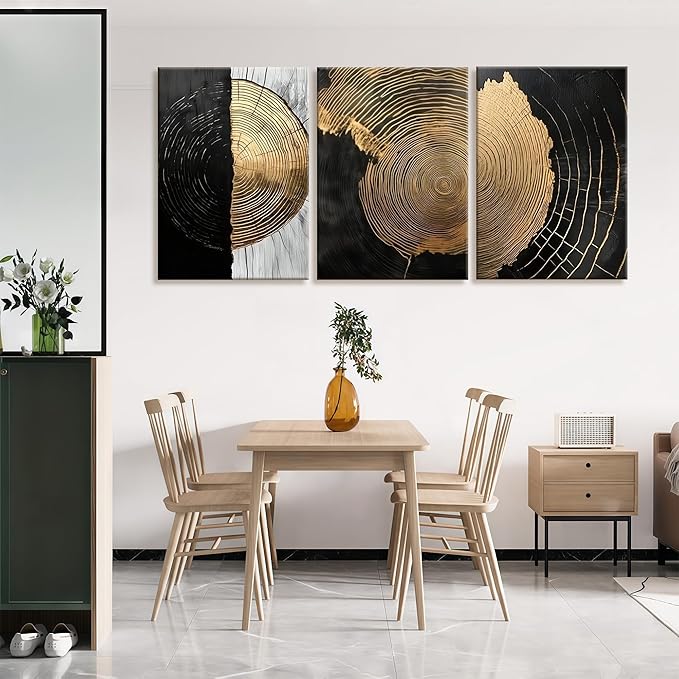 3Pcs Framed Minimalist Abstract Black Golden Canvas Wall Art Vintage Tree Ring Wall Decor Pictures Modern Rustic Posters Prints for Living Room Office Hallway Home Decoration 12x16in Ready to Hang