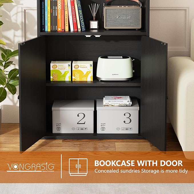 Vongrasig 6-Tier Open Bookcase and Bookshelf with Doors, Floor Standing Farmhouse Display Storage Shelves 71 Inch Wood Tall Bookcase for Home Office, Living Room, Bed Room, Black, 2 Pieces