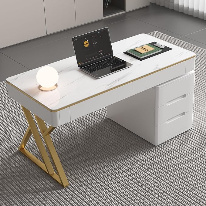 Wooden Computer Office Desk with Drawers for Home Office - White Gaming Desk with Tempered Glass Top - Thickened Lacquered PC Desk and Writing Desk - Escritorios para Computadoras (Z-105)