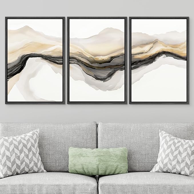 SIGNWIN Framed Canvas Print Wall Art Set Gold Gray Smoke Wave Landscape Abstract Shapes Illustrations Modern Art Decorative Contemporary Colorful for Living Room, Bedroom, Office - 24"x36"x3 Black