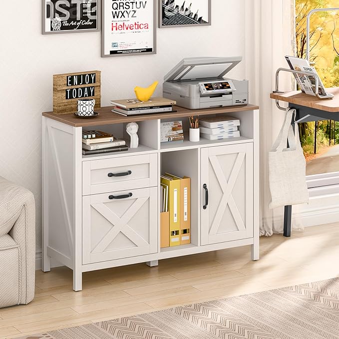 Vabches Lateral File Cabinet, Farmhouse 2 Drawer File Cabinet with Open Storage Shelf for Letter/Legal/A4 Size Hanging Files, Large Wood Storage Cabinets Printer Stand for Home Office, White