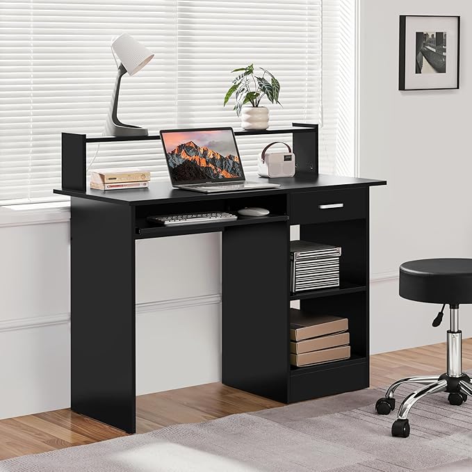Yaheetech Home Office Wood Computer Desk with Drawers and Pull-Out Keyboard Tray, Study Writing Desk PC Laptop Table with Hutch and Storage Shelves, Modern Workstation, Black