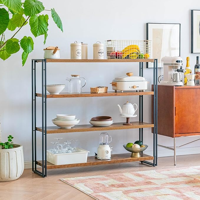 Bookshelf, 4 Tier Tall Bookcase, Industrial Book Shelf for Living Room, Home Office, Kitchen, Rustic Brown