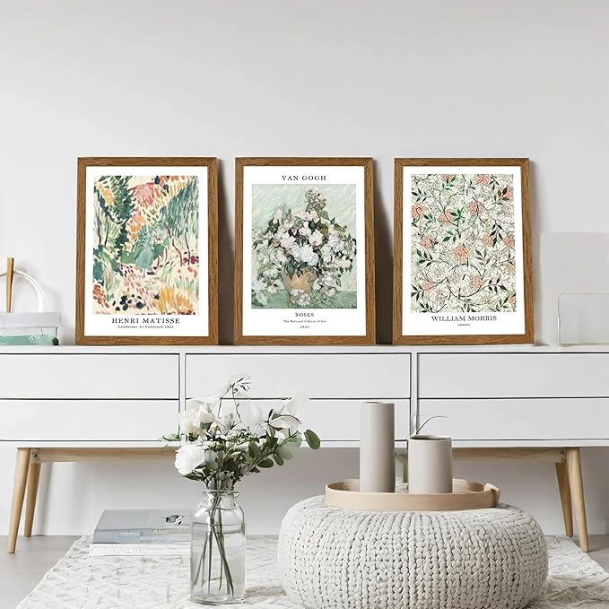 InspiredHues Matisse Van Gogh Morris Canvas Wall Art Set of 3, Sage Green Beige Neutral Flower Wall Decor, Vintage Botanical Art Prints for Living Room Bedroom Office Home Decoration 12x16 Wood Framed