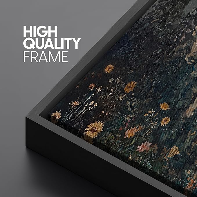 SIGNFORD Large Framed Canvas Moonlit Forest with Wildflowers Mystical Illustrations Modern Art Calm Warm for Living Room, Bedroom, Office - 60"x20"