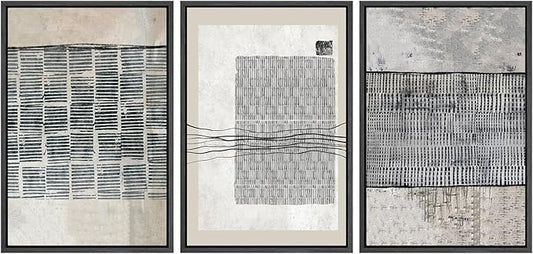 SIGNWIN Framed Canvas Print Wall Art Set Black Tan Industrial Line Art Pattern Abstract Shapes Cozy Neutral Decorative Contemporary Minimal for Living Room, Bedroom, Office - 24"x36"x3 Black