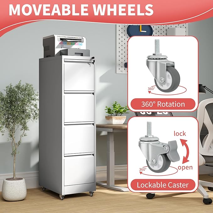 4 Drawer Mobile File Cabinet with Lock,White Metal Filing Cabinets with Wheels,Vertical File Cabinet for Home Office,Heavy Duty Rolling Storage Cabinet for A4/Letter/Legal Size,Assembly Required