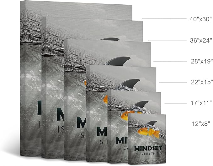 Smile Art Design Black and White Mindset is Everyting Orange Fish vs Shark Motivational Wall Art Canvas Print Inspirational Entrepreneur Quote Office Living Room Decor Gift Ready to Hang 22x15