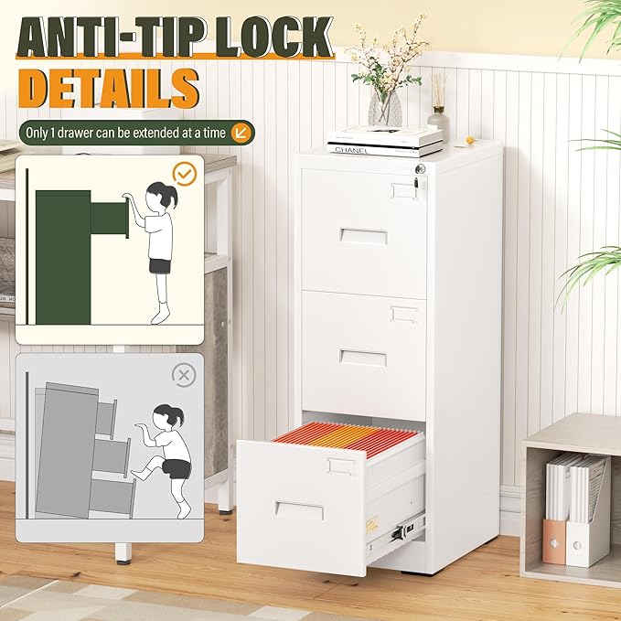 Greenvelly 3 Drawer File Cabinet with Lock, Metal Filing Cabinet for Home Office, Locking Vertical File Cabinet, 18" D File Cabinets for Home Office, Easy Assemble (White)