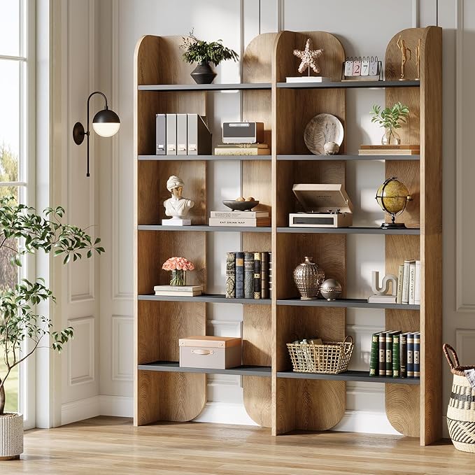 Tribesigns 5-Tier Farmhouse Bookshelf, 70.87-Inch Tall Double Wide Bookcase with Open Shelves, Vintage Floor Standing Book Shelf (1, Brown+Black)