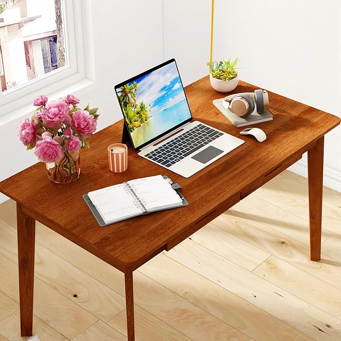 Home Office Computer Desk Coner Desk with 2 Drawers, Study Writing Table for Home Office, Study, Honey Wood (47.2 ”W x 23.6”D x 29.5”H)