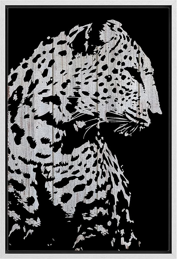 IDEA4WALL Framed Canvas Print Wall Art Grayscale Spotted Leopard Profile on Wood Panels Animals WildLife Illustrations Modern Art Tropical Portrait for Living Room, Bedroom, Office - 24"x36" WHITE