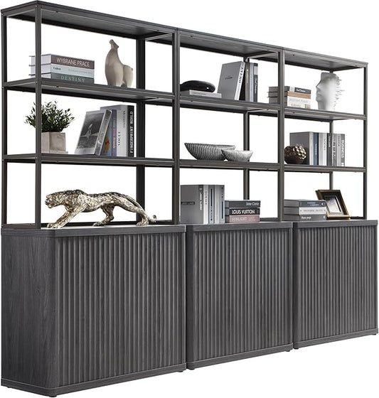 SICOTAS Book Shelf Fluted Bookshelf 71" Tall Bookcase with Doors Storage 5 Tier Mid Century Modern Bookshelves Large Shelves Metal Book Cases for Living Room Office Bedroom Kitchen Library (Black)