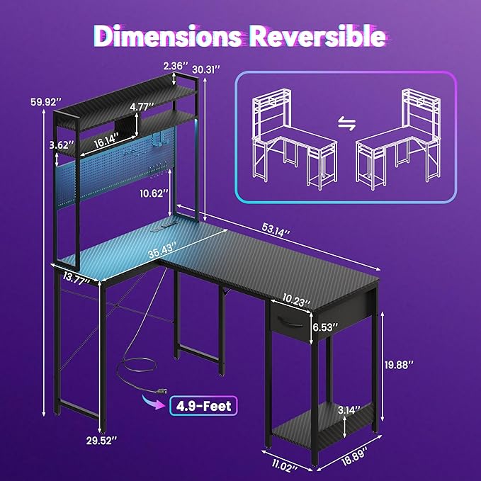 Apicizon L Shaped Gaming Desk 53", Reversible Corner Computer Desk with LED Lights, Carbon Fiber Surface, Pegboard with Hooks, Drawer & PC Tower Stand, USB Charging Port
