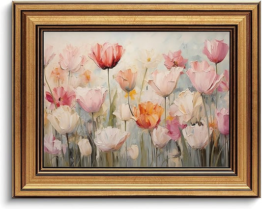 Gold Framed Wall Art Vintage Flower Canvas Wall Art Floral Nature Spring Colorful Flower Artwork Prints Picture for Living Room Bedroom Farmhouse Bathroom Office Decor, 8x10