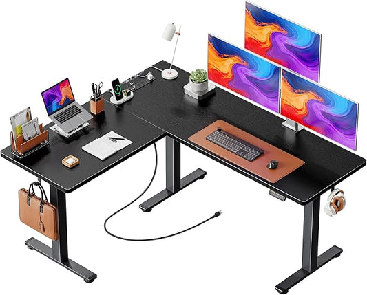 Huuger L Shaped Standing Desk with Power Outlets, 63 x 55 Inch Height Adjustable Computer Desk for Bedroom, Corner Stand up Desk for Home and Office, Work and Study, Black