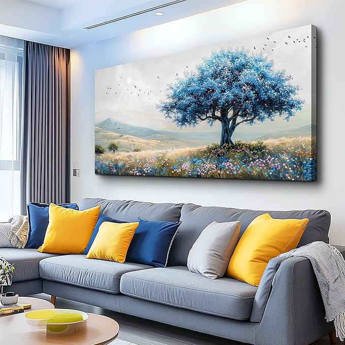 KELIYUAN Large Farmhouse Wall Art For Living Room Canvas Wall Decor For Office Bedroom Hotel room Field Scenery Wall Painting Blue Trees Picture Modern Home Decoration Artwork Ready To Hang 24x48In
