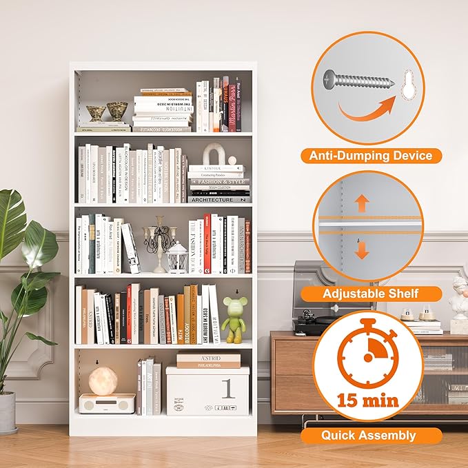 Bookcase,5 Tier White Bookshelves,66" Tall Free Standing Metal Bookcase with Adjustable Storage Shelves, Industrial Wide Bookshelf for Bedroom Living Room Home Office School