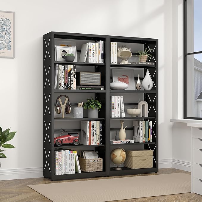 5 Tier Bookshelf, 55"Tall Metal Bookcase with Adjustable Shelves, Modern Display Book Shelf, Black Bookcase Shelf, Utility Shelf, Storage Shelves for Office, Living Room, Kitchen, Study-23"W